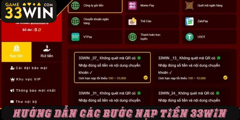 Hướng dẫn các bước nạp tiền 33win
